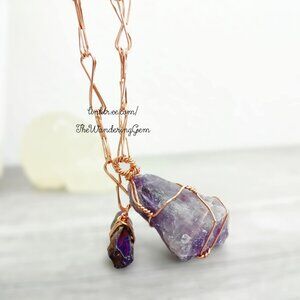 Raw Amethyst Crystal & Copper Dowsing Pendulum, Divination Tools, 9"